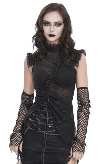 Sophisticated Women's Sheer Black Top with Ruffled Accents